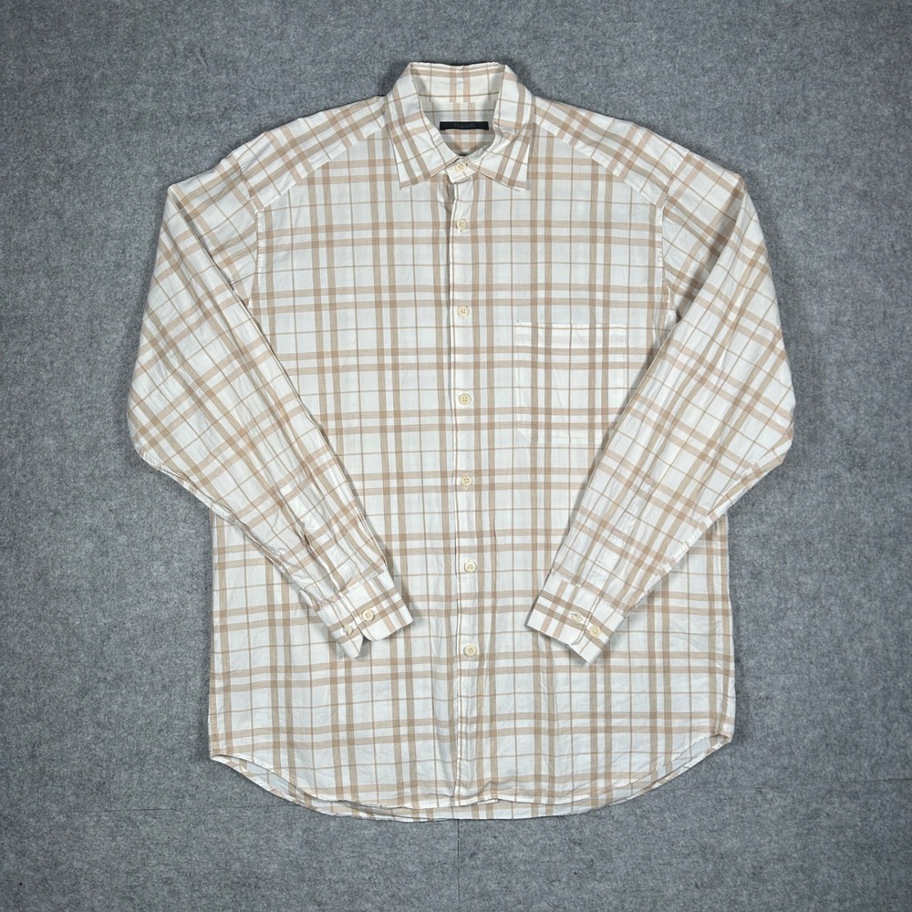 Zegna Sport Button Down Shirt Mens‎ XL Beige White Plaid Luxury Casual Top
